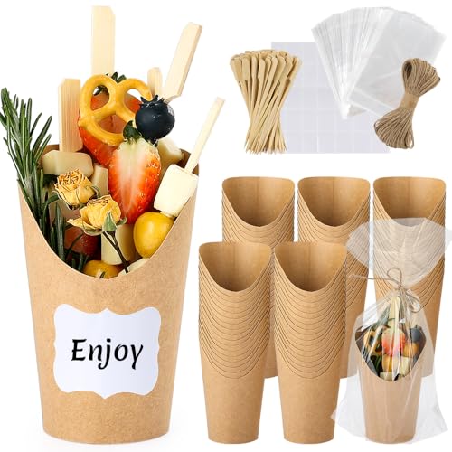 Woixiow 50 Sets 12 oz Charcuterie Cups 100 Picks + 50 Bags + 50 Labels Disposable Charcuterie Cups with Sticks and Bags Brown Paper Snack Cup Disposable French Fry Cup for Parties Catering