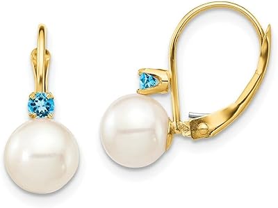 Elegant Jewelry gift 14k Yellow Gold 7 7.5mm White Round Freshwater Cultured Pearl Swiss Blue Topaz TYHB-145-DF-15407