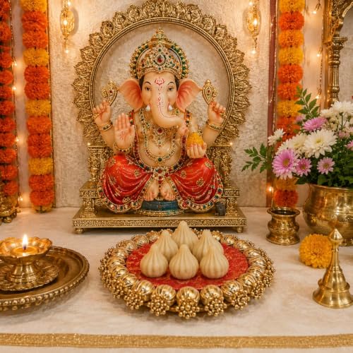 Image of SATYAM KRAFT 3 Pc Handmade Jhumki Platter (6 Inch) with Gota Patti & Golden Moti | Ganpati & Janmashtami Decoration, Festive Home Decor, Pooja Setup, Table Centerpiece & Gifting Item