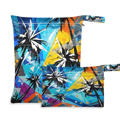 ATTX Tropical Palm Trees Wet Dry Bags 2-Pack - Reusable Cloth Diaper Storage for Travel, Beach & Gym | Multi-Use Waterproof Bags for Swimsuits, Baby Clothes, Sports Gear#575