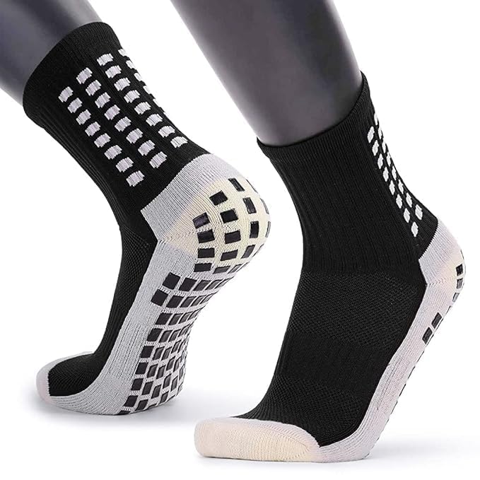 Image of 2 pair Non-Slip Football Socks for Men & Women | Grip Sports Socks with Cushioning | Anti-Skid, Breathable Cotton Crew Socks for Soccer, Rugby, Cricket, Gym, Yoga