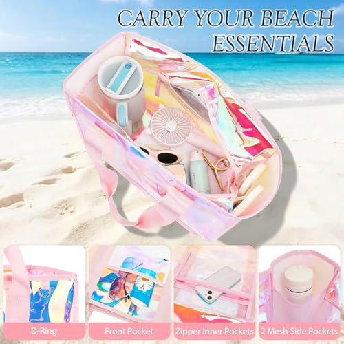 Image of Fammart Iridescent Clear Beach Bags Waterproof Sandproof for Women, Large Jelly Tote Zipper Pool Bag Cruise Essentials 2026