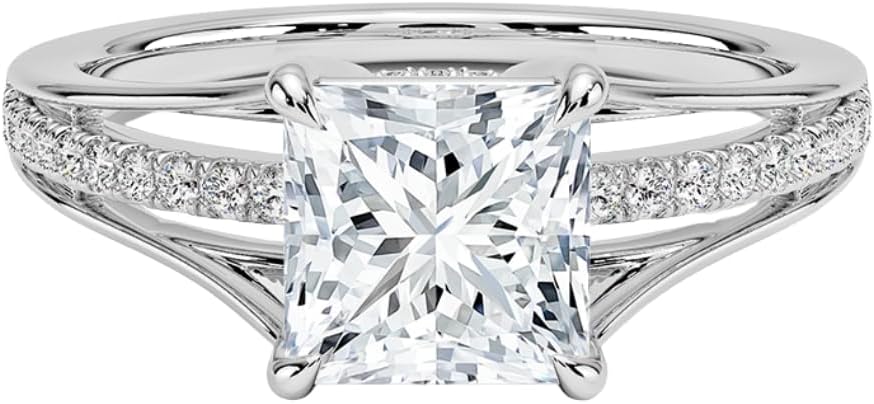 2 CT Custom Cut IGI Certified Lab Grown Engagement Ring, E–F Color VVS2 Clarity, with 0.15 MM Side Stones – Split Shank Pavé Band, 925 Sterling Silver / 10K 14K 18K Solid Gold, Bridal Ring, Christmas Gift