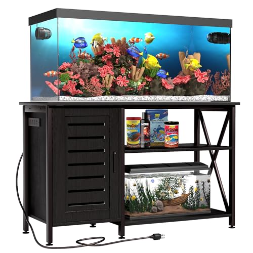 55-75 Gallon Fish Tank Stand, Aquarium Stand with Power Outlets and Cabinet for Fish Tank Accessories Storage, Heavy Duty Metal Frame, 52″ L*19.68″ W Tabletop, 1200LBS Capacity, Black PG05YGB
