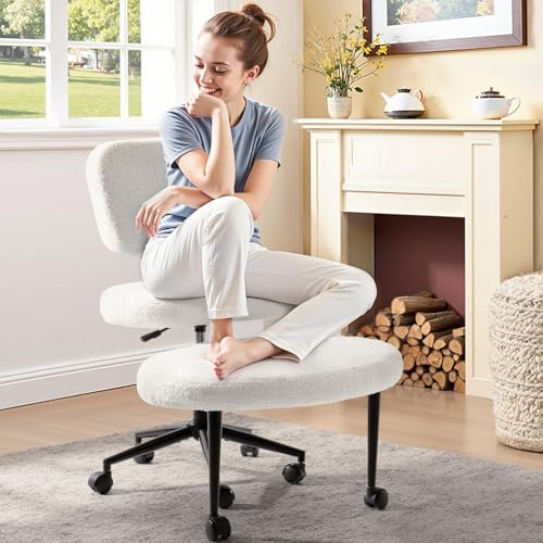 Waleaf Ergonomic Cross Legged Office Chair with Wheels, ADHD Chair for Adults, Meditation Chair, Yoga Office Chair, Kneeling Chairs with Comfortable Back Support, Height Adjustable, Teddy Fabric