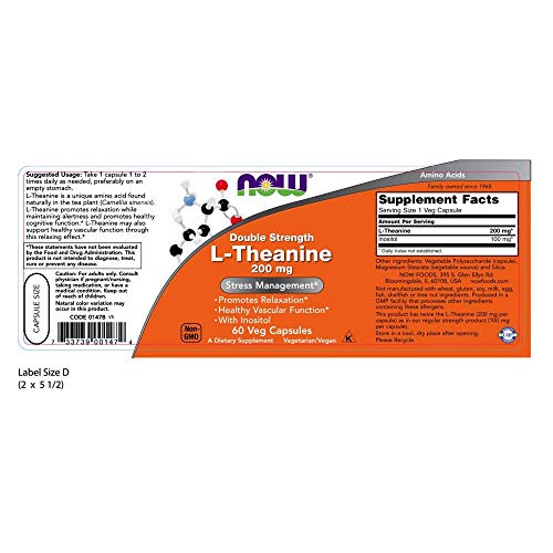 Now Foods L-Theanine 200 Mg, 60 Vegetable Capsule (2 Pack) #TOP1