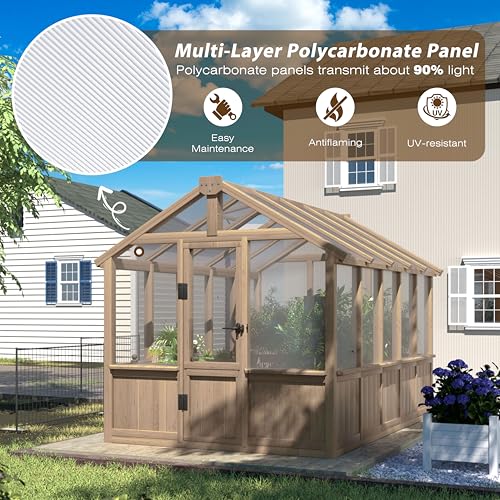 Image of Mupater 6'x10' Wooden Greenhouse for Outdoor, Heavy Duty Green House Kit with Ventilated Window and Lockable Door, 6mm PC Panels for UV Protection, Walk-in Greenhouse for Backyard, Garden, Lawn