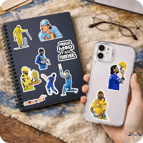 Image of MS Dhoni Stickers 25 Pcs - Cricket Waterproof Vinyl Sticker Pack for Laptop, Mobile, Bike, Helmet, Car & Bottle | Dhoni Fan Merchandise Gift Collection CSK Stickers