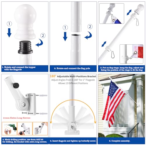 BONWIN White Flagpole Kits, 6 FT Thickened Stainless Steel House Porch Wall Flag Pole Kit for 3x5'/4x6' Flag, 1" Anti-Wrap Spinning Flag Pole Ring Clips & 180° Adjustable Multi-Position Bracket Holder