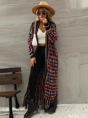 AUGCONE Womens Cardigan Maxi Long Boho Sweater Aztec Open Front Fringed Tassels Jacket Outwear(Purple, XL