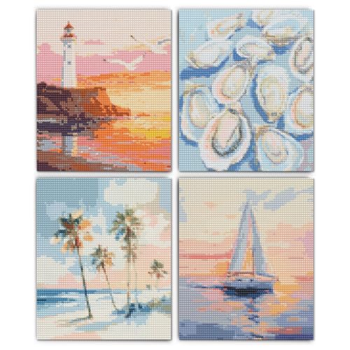 XUNLURY Ocean Beach Diamond Art Kits 4 Pack 10x11.8 Inch, Beach House Room Decor,Tropical Coastal Ocean Oyster Palm Tree Nautical Sailboat DIY Diamond Gem Painting Art Kits for Kids Adults Beginners