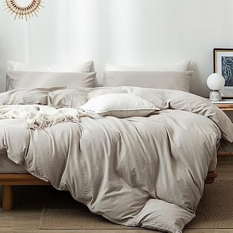 MooMee Bedding Duvet Cover Set 100% Washed Cotton Linen Like Textured Breathable Durable Soft Comfy (Cream Grey, Queen) Cover