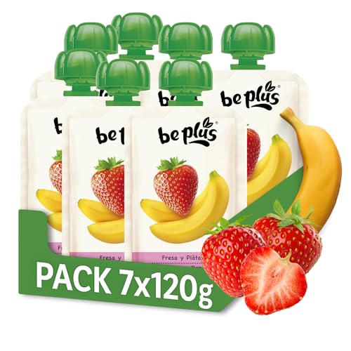 Be Plus Fresa y Plátano 7x120g – Puré de Frutas para Bebés desde 4 Meses – Sin Azúcares Añadidos – Fuente de Vitamina C – Snack Infantil Natural – Pack Ahorro