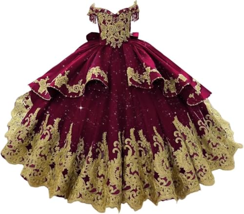 Romantic Off Shoulder Flower Girl Wedding Enhanced by Gold Lace Applique Beading Communion Dress for Girls