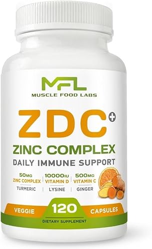 ZDC Plus | Vitamina C, 500 mg | Vitamina D3, | Zinc, | Cúrcuma | Jengibre | Lisina | Sin OMG y sin gluten | 120 cápsulas vegetales | 120 porciones