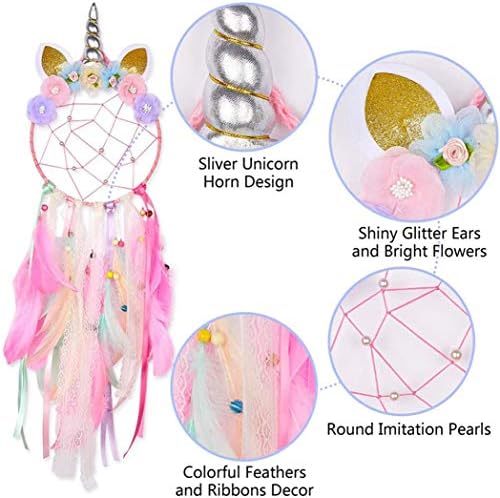 YingBiao Unicorn Dream Catcher Handmade Wall Hanging Dreamcatcher with Colourful Feathers and Flowers for Unicorn Themed Party Baby Shower Girls Kids Nursery Bedroom Wall Decor Blessing