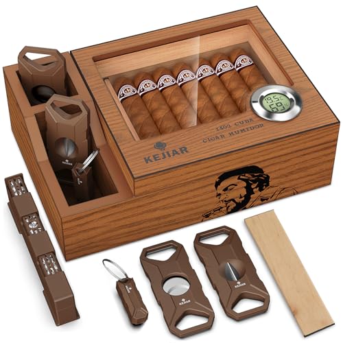 KEJIAR Cigar Humidor, Glass Top Cedar Desktop Cigar Humidors Case with 2 Side Humidor Accessories Boxes with Cigar Cutter, Hole Punch, Humidifier, and Digital Hygrometer Cigar Set, Cigar Gifts for Men