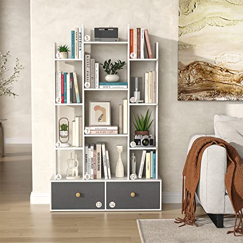 Unikito Bookshelf With 2 Drawers Free Standing Bookcase, Office Storage Shelf Organizer With 12 Open Bookshelves, Industrial Wood Book Case Display Rack For Bedroom, Living Room, Home Office, White #TOP1