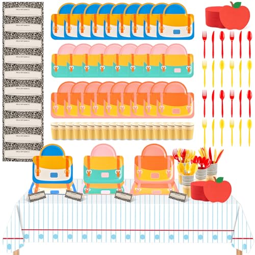 122PCS Back to School First Day Tableware Set for 24 Guests | School Party Supplies with Plates, Cups, Napkins, Cutlery, 2 Tablecloths and Place Cards for Preschool Kindergarten Classroom