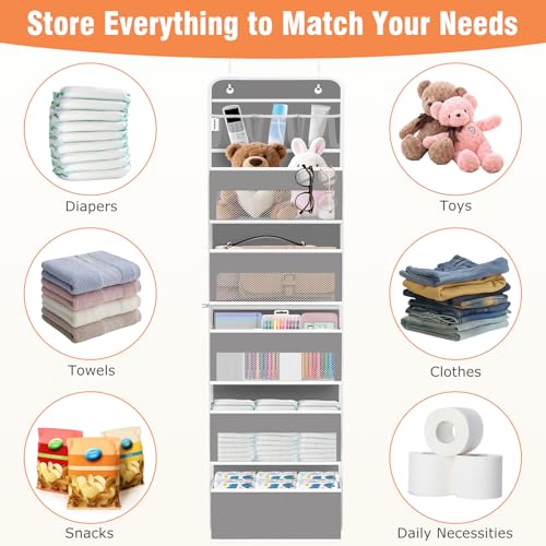 WISELIFE Over The Door Organizer - 6 Shelves Detachable Hanging Bedroom Storage Solution with 5 Large Pockets and 3 PVC Pockets for Dorm Bathroom, Pantry Nursery Baby Essentials (Grey) — view 6