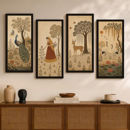 Image of Paintingmantra Traditional Indian Heritage Framed Wall Art Painting For Living Room | Peacock, Deer, Woman Artwork Poster with Frame for Wall, Decoration item for Bedroom, Set of 4, Size 9.5x19.5 Inch