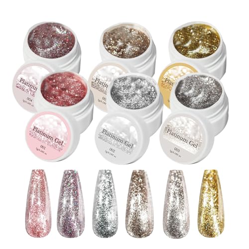 Hogvinnatil Esmalte De Uñas Brillos Cromo Platino - Kit De 6 Esmaltes Gel Ultrabrillantes Con Purpurina,Decoración Brillante Para Manicura En Casa, Viajes, Estilo Diario y Vacaciones