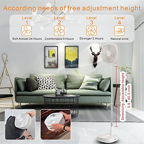 Portable Pedestal Fan - Foldaway Standing Fan Foldable Desk Fan, Use 7200Mah Rechargeable Battery, Remote Control Telescopic 4 Speed Quiet Timer Fan for Home Kitchen Outdoor Camping (White) - Thumbnail 4
