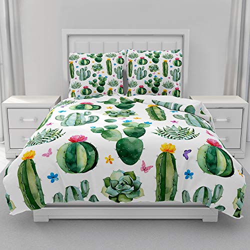 Morbuy Juego de Ropa de Cama 3 Piezas, 3D Juego de Fundas de Edredón Impresión de Cactus, Microfibra Funda Nórdica y 2 Funda de Almohada 80x80cm (Plantas suculentas,150x200cm)