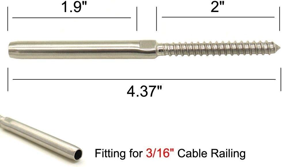 T316 Stainless Steel Lag Stud Swage Cable Railing for 3/16 Cable (50 PCS)