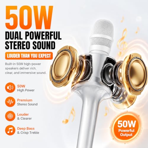 Image of Kinglucky H100 Karaoke Microphone with 7 Sound Modes & Ai Vocal Remover | Voice Changer, Karaoke Mic with 50W Speaker, Echo Adjustment TWS,Built-in Recording,For Car Party Home Teaching