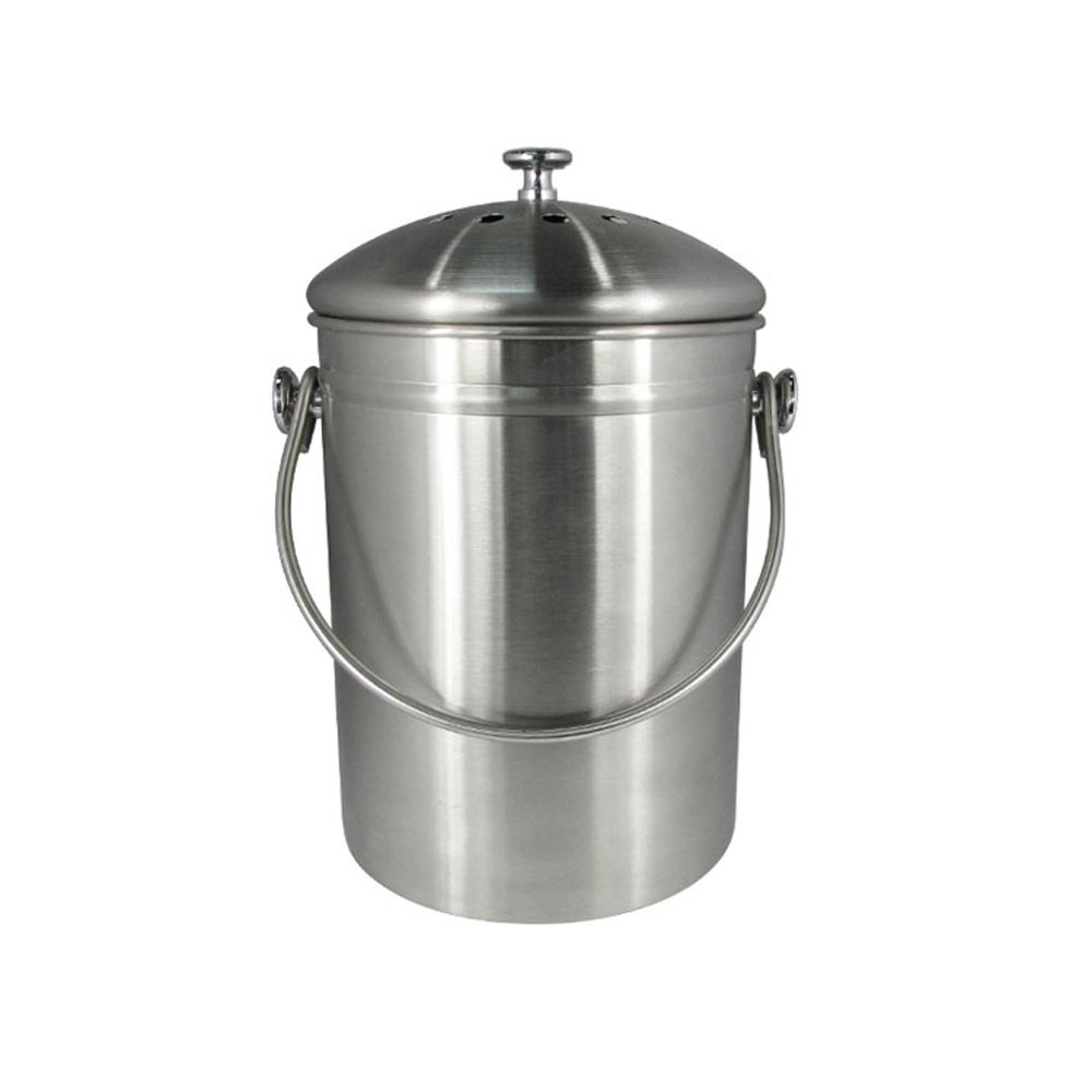 Kitchen Counter Top Stainless Steel Compost Bin - 1 Gallon Capacity, Odor Absorbing Charcoal Filter