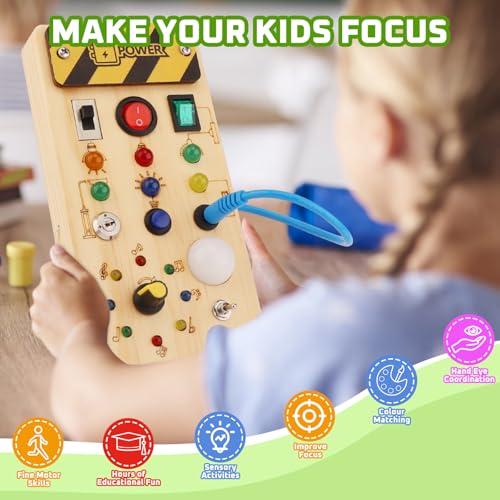 Image of wakeInsa Busy Board with led Light, Sorting Sensory Travel Toys for Toddlers 1-3, Wooden Toddler Busy Board Montessori Toys for 1+ Year Old