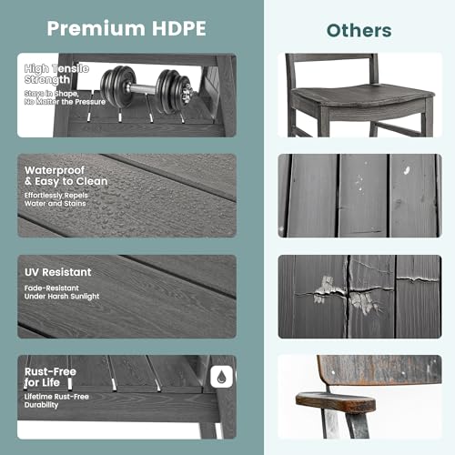 Image of Pamapic Patio Dining Table Set, 6-Piece Outdoor Dining Set for 6, Grey | 1 Rectangular Table, 4 Chairs & 1 Bench, Wood-Grain HDPE, Elegant Armrests, All-Weather Design, Umbrella Hole