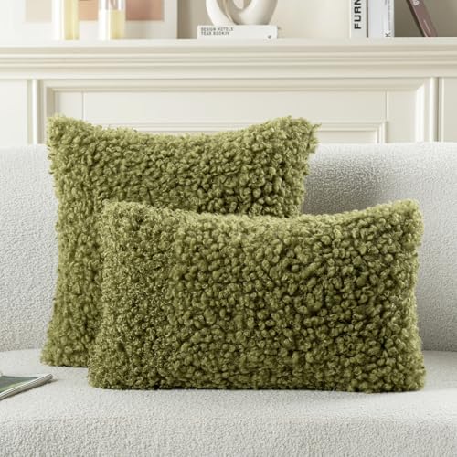 FUTEI Olive Green Decorative Throw Pillow Covers 22x22 Inch Set of 2,Soft Fluffy Faux Wool Fur Boucle Textured Cushion Case,Modern Home Decor for Couch Bed Living Room Office