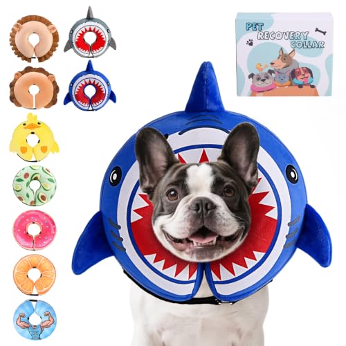 Image of KOOLTAIL Inflatable Dog Cone Collar, Soft Donut E Collar for Dogs After Surgery to Stop Licking Enhanced Alternative, Blow Up Pet Neck Pillow Recovery Adjustable Cone for Dog Cat,Shark M