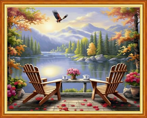 Image of Joyhoor Cross Stitch Kits for Beginners Stamped Cross-Stitch Supplies Needlework preprint Embroidery Kits for Adults DIY Needlepoint Kits Embroidery Patterns 11CT-Rest by the Lake 16x20 inchs