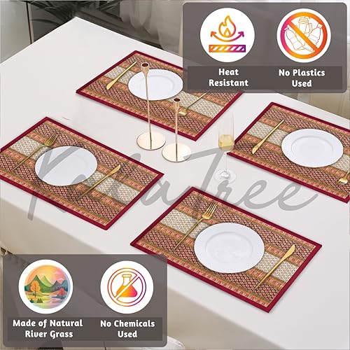 Image of Table Mats Set of 4 Handmade Reversible Heat Resistant | River Grass Dining Placemats Zero Plastic | Natural Madurkathi Eco Friendly | Rustic Boho Dcor | Sangreal Maroon Four Mats