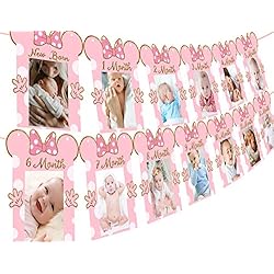 Cartoon Mouse Photo Banner Pink and Gold Newborn to 12 Month Birthday Banner for Cartoon Mouse Themed 1st Birthday…