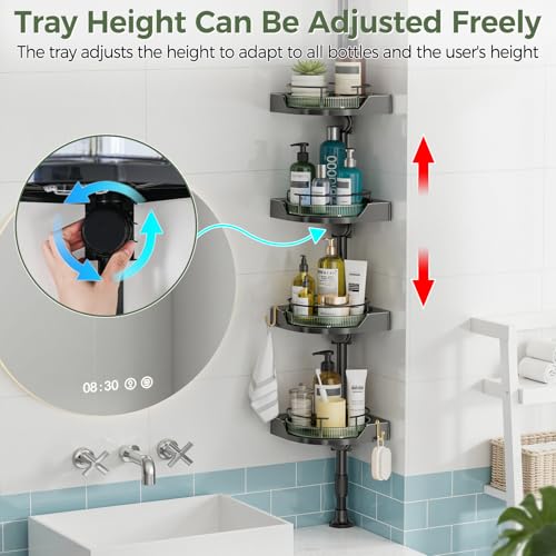 Image of AKINBAS 360 Rotating Shower Caddy Tension Pole with 4-Tier Rustproof Lazy Susan 35-128 Inch No Drilling Coner Shelves Adjustable Shower Rack for Bathroom Bathtub Washbasin Plant Storage (Black+Green)