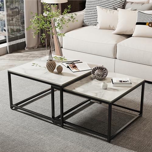 FATIVO Table Gigogne Salon Marbre: Tables Basses Lot de 2 Carrées Moderne Bout de Canapé Design pour Café Hotêl avec Pieds Noire en Métal - Blanc...