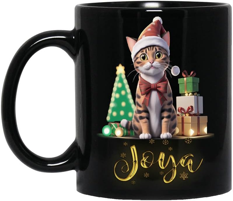 Personalized Name Cat Christmas Mug, Christmas Cat Mug, Holiday Cat Gift, Christmas Mug, Cat Name Owner Mug, Cat Name Lover with Joya 11oz Black