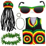 Kyson 6Pcs Halloween Jamaican Costume Accessories Rasta Hat with Black Dreadlocks Wig Vests Sunglasses Necklace Bracelet Lei (Set A)