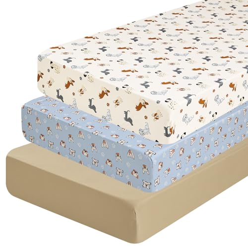Image of PHF 3 Pack Soft Pet Dogs Crib Sheets Fitted, Comfy Breathable Baby Sheets for Boys Girls, 28x52 Inches Fits Standard Crib and Toddler Mattresses, Pet Dogs