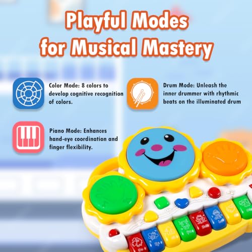 Image of Gooyo GY-88034 Musical Drum & Electronic Piano Keyboard Toy with Animals Sounds Flashings Lights & Music | Piano Keyboard Toy for Kids | Yellow | 3xAA Battery (Not Included) | Gift Box Packaging