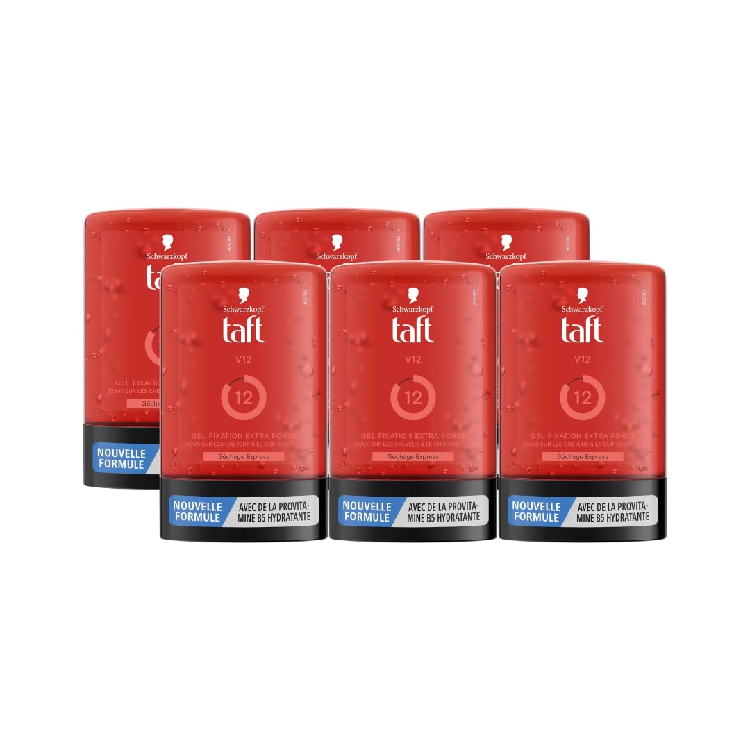 Taft - Schwarzkopf - Gel Tube Coiffant - Gel V12 - Séchage Express - Fixation Extra Forte - Doux sur les cheveux et le Cuir Chevelu - Sans Effet Collant - Formule Provitamine B5-250 ml - Lot de 6