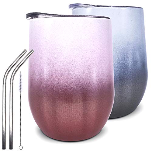 FINEDALE Wine Tumblers - 12oz Stylish Stainless Steel Stemless Drinkware, Leak-Proof Lids, 2 Straws, Non-Slip Silicone Base & Sweat-Proof Walls - Perfect for Home, Party, Outdoors and Travel - 2-Pack