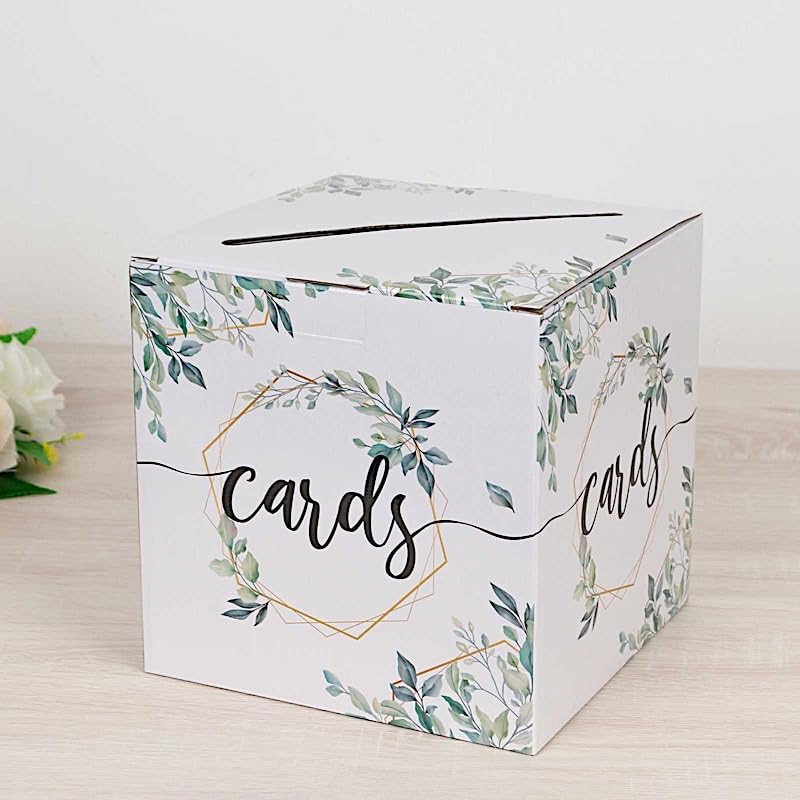 8x8 in White Greenery Theme Money Card Box Gold Geometric Foil Print Decorative Gift Holder Wedding Party Events Reception Decorations Supplies