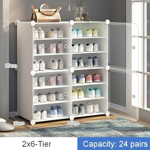 Image of AYSIS 𝟏𝟐 𝐒𝐡𝐞𝐥𝐟 DIY Shoe Rack Box Organizer | Multi-Purpose Plastic Shoe Rack for Home | Home Storage Shoe Rack with Door for Entryway, Chappal Slipper Sandals Shoe Stand【White, 12-Shelf-4-Door】