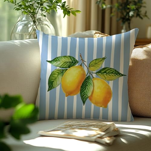 Image of Blue and Yellow Summer Italian Mediterranean Amalfi Coast Lemon Pillow Cover Decor 18x18,Italian Striped Decorative Throw Pillow Cover Decor for Couch Double-Sided