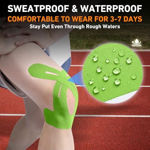 Image of PreCut Kinesiology Tape for Knees, KTQUICK 24 PCS 20% Extra Adhesive Knee Tape for Knee Pain Relief Pre Cut, Anatomical for Maximum Hold, Waterproof&Hypoallergenic Cotton Latex-Free for Sports(Green)